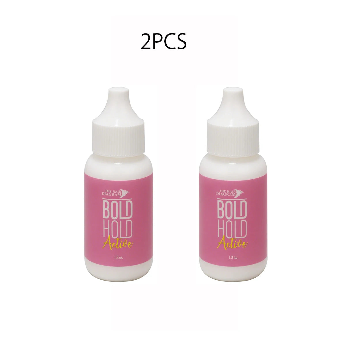 Two bottles of Bold Hold Active waterproof lace wig glue with white caps and pink labels