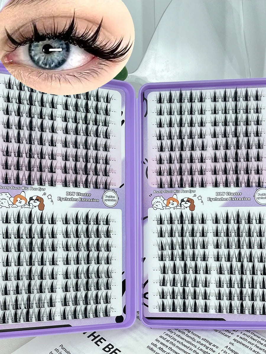 A close-up of a purple cosmetic palette showing 320 piece Korean style eyelash clusters for DIY makeup
