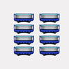 A set of six stainless steel manual shavers with blue and silver handles displayed in a row.