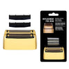 Replacement foil head and cutters blade for a shaver, shown in black and gold packaging.
