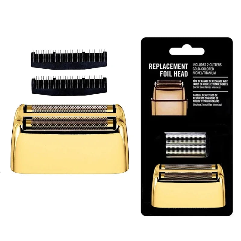 Replacement foil head and cutters blade for a shaver, shown in black and gold packaging.