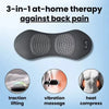 A black 3-in-1 therapy pillow for back pain featuring traction lifting, vibration massage, and heat compress functions.