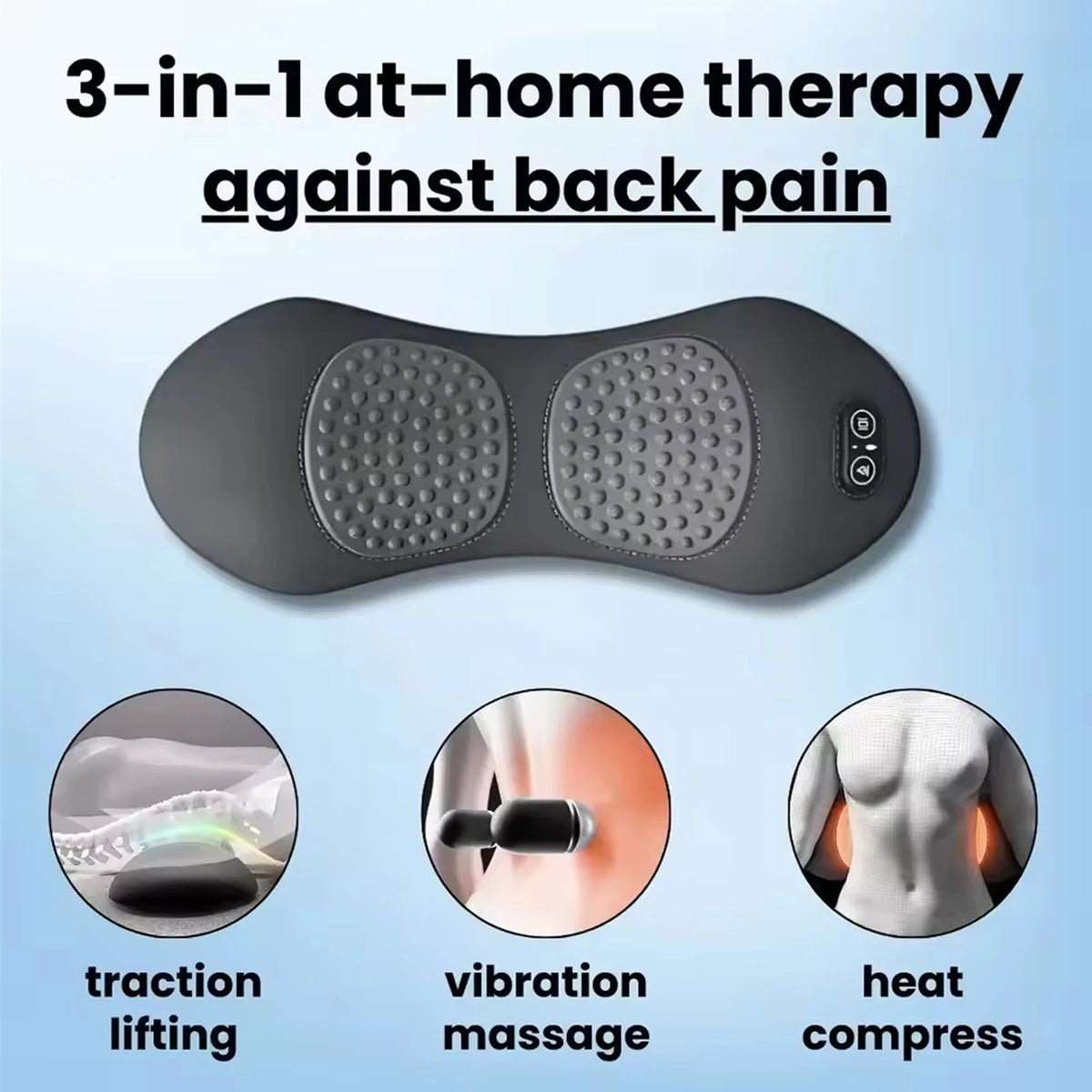 A black 3-in-1 therapy pillow for back pain featuring traction lifting, vibration massage, and heat compress functions.
