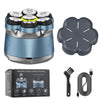 A magnetic floating electric head shaver with multiple attachments and a charging cable is shown.