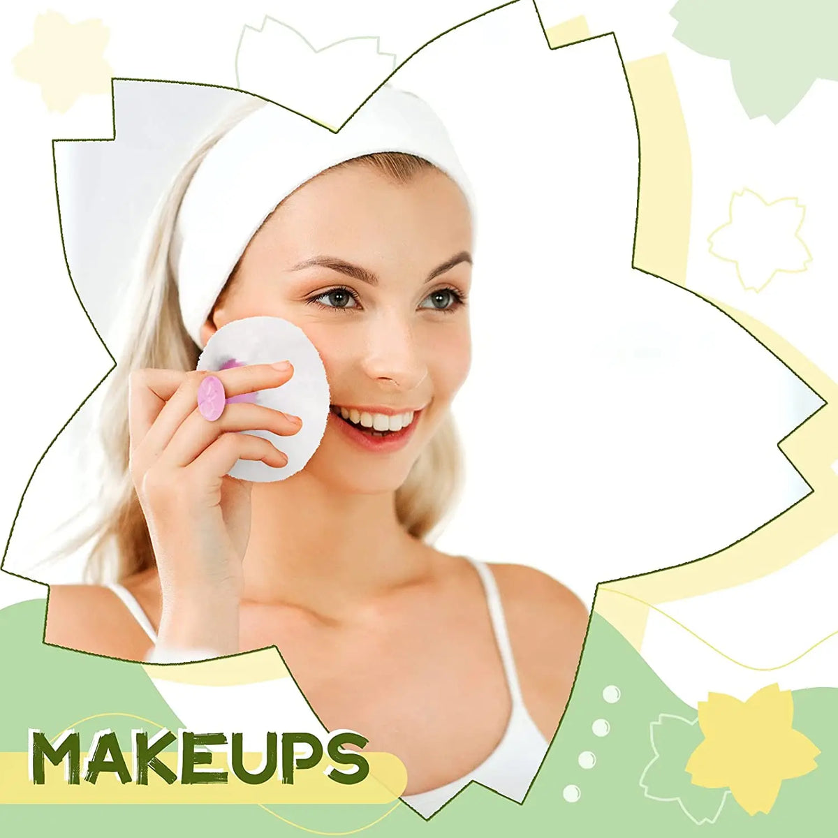 Une femme applique du maquillage avec une mèche blanche sur son visage, sur un fond vert clair.
