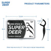 A package of Super Deer bamboo charcoal dental floss sticks with a black dispenser and individual floss pieces.