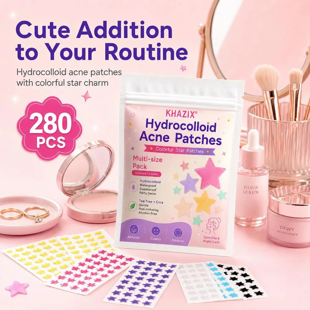 Pack of colorful star hydrocolloid acne patches with makeup brushes and skincare products