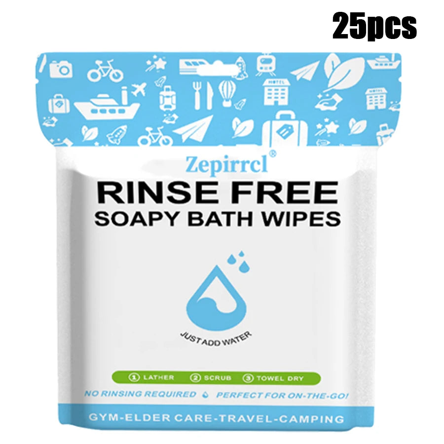 Lot de 25 lingettes de bain savonneuses sans rinçage pour gym, soins aux personnes âgées et camping
