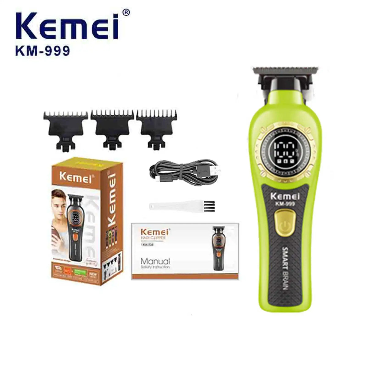 A Kemei KM-999 cordless electric hair clipper with a green body and black components.
