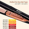 Close-up of a black ceramic hair straightening iron with a rose gold finish, showing various temperature settings.