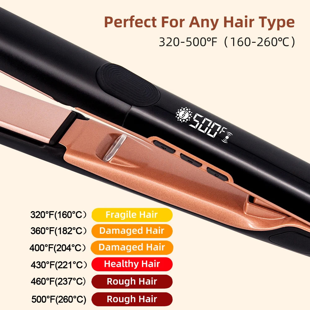 Close-up of a black ceramic hair straightening iron with a rose gold finish, showing various temperature settings.