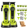 A professional electric hair clipper trimmer in lime green and black with various attachments shown.
