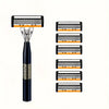 A black safety razor with multiple interchangeable blades displayed vertically.