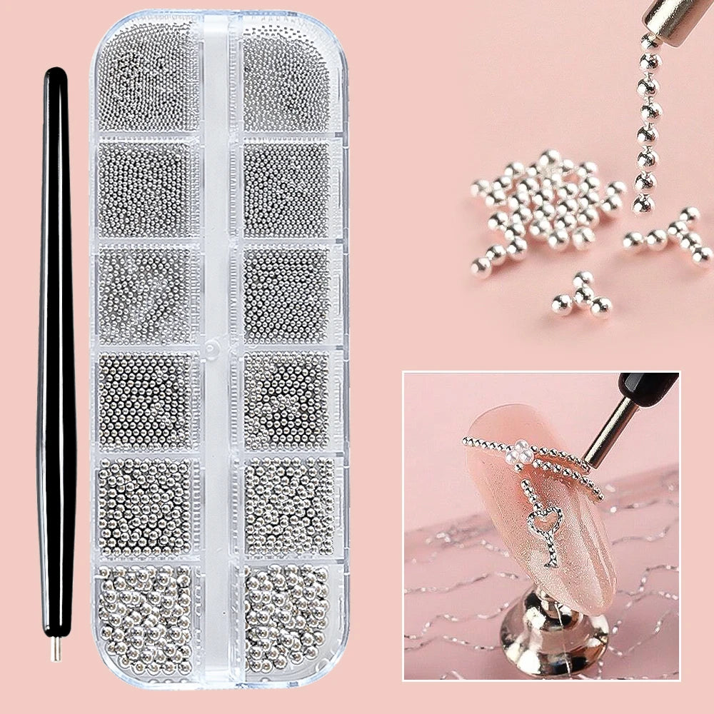 A clear plastic case filled with gold mixed stainless steel bead nail art decorations and loose beads.