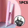 Pink mini portable flat iron hair straightener and curler shown against a pink background with an inset of the heating plates