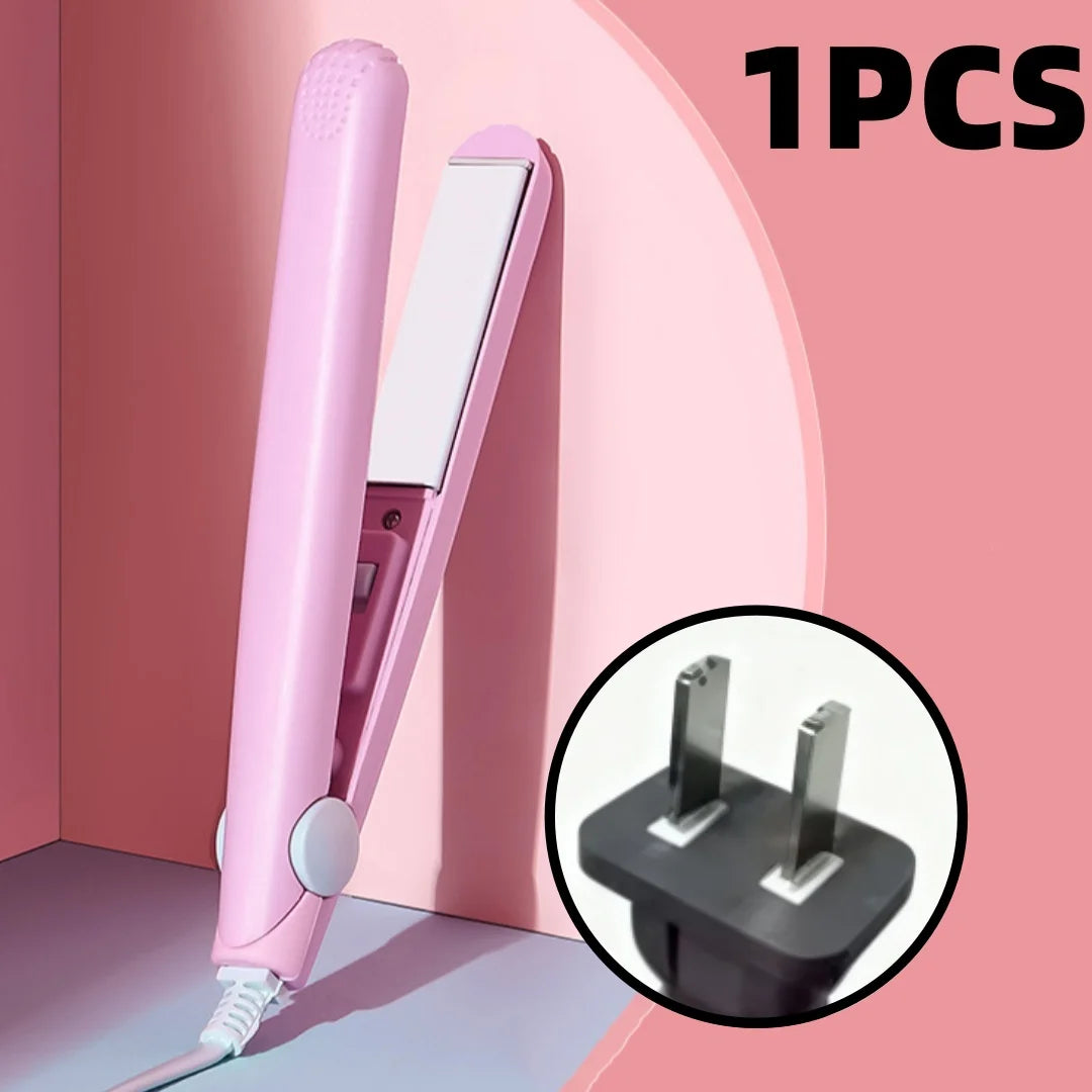 Pink mini portable flat iron hair straightener and curler shown against a pink background with an inset of the heating plates