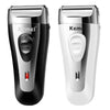 A professional rechargeable electric shaver with a silver and black body is shown from the front.