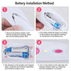 Instructions for battery installation of an electric heated eyelash curler showing steps 1 through 4