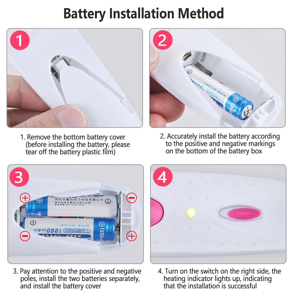 Instructions for battery installation of an electric heated eyelash curler showing steps 1 through 4