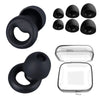 A set of black silicone earplugs, including a single plug and an open storage case.