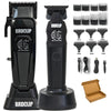 A black electric hair clipper set featuring a main unit and various attachments for professional grooming.