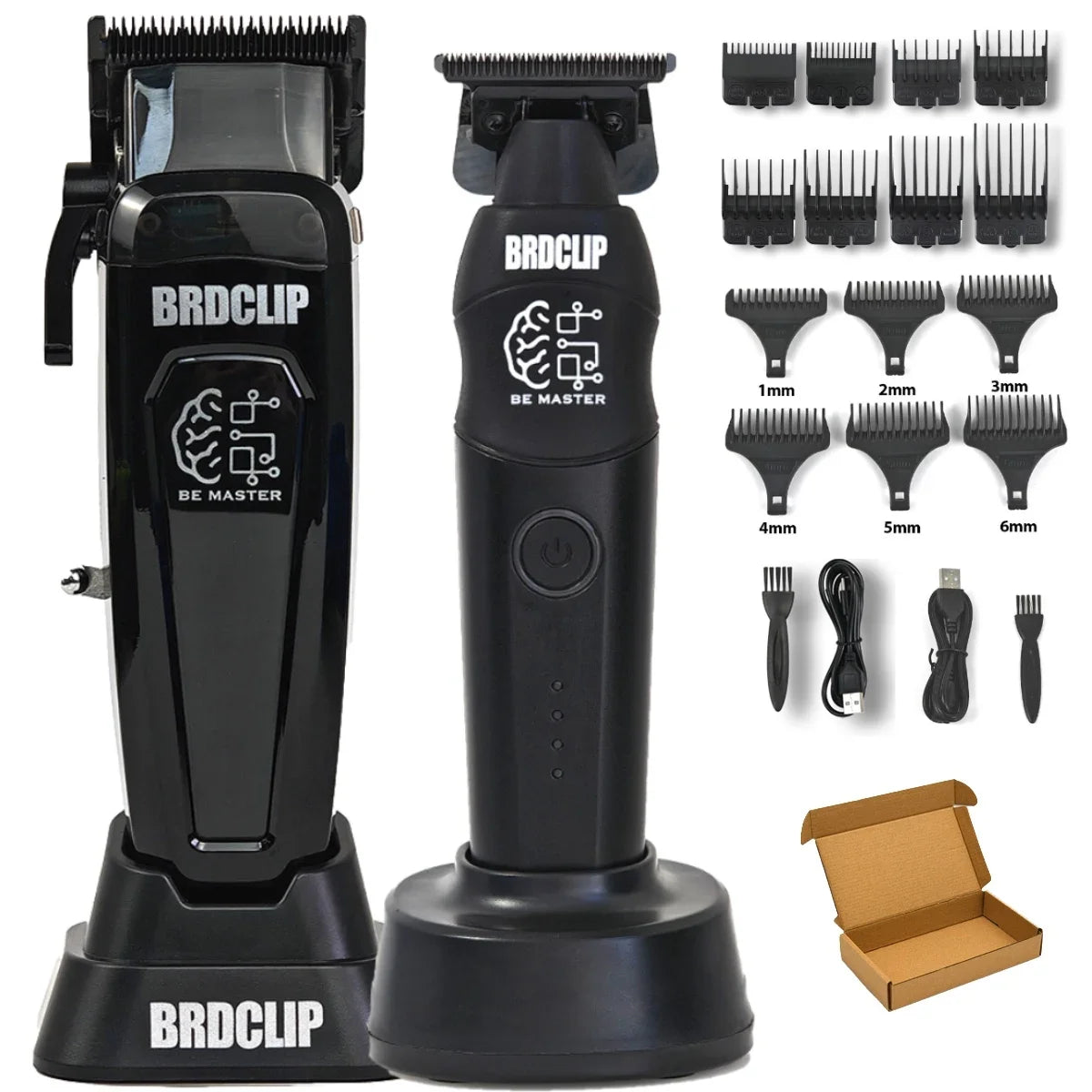 A black electric hair clipper set featuring a main unit and various attachments for professional grooming.