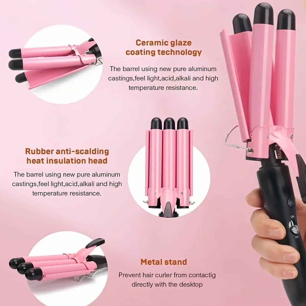 Plancha de pelo triple barril de cerámica rosa con aislamiento de goma y soporte de metal
