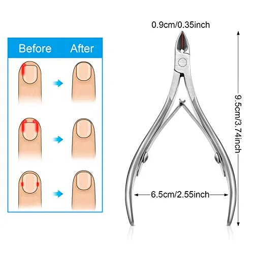 A pair of professional stainless steel cuticle nail nippers showing before and after usage.