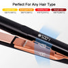 Gros plan d'un fer à lisser en céramique noire avec finition rose gold, montrant les réglages de température.
