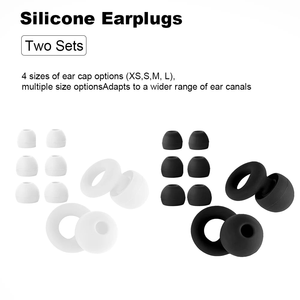 Une collection de bouchons d'oreille en silicone de différentes tailles et couleurs, y compris des options blanches et noires