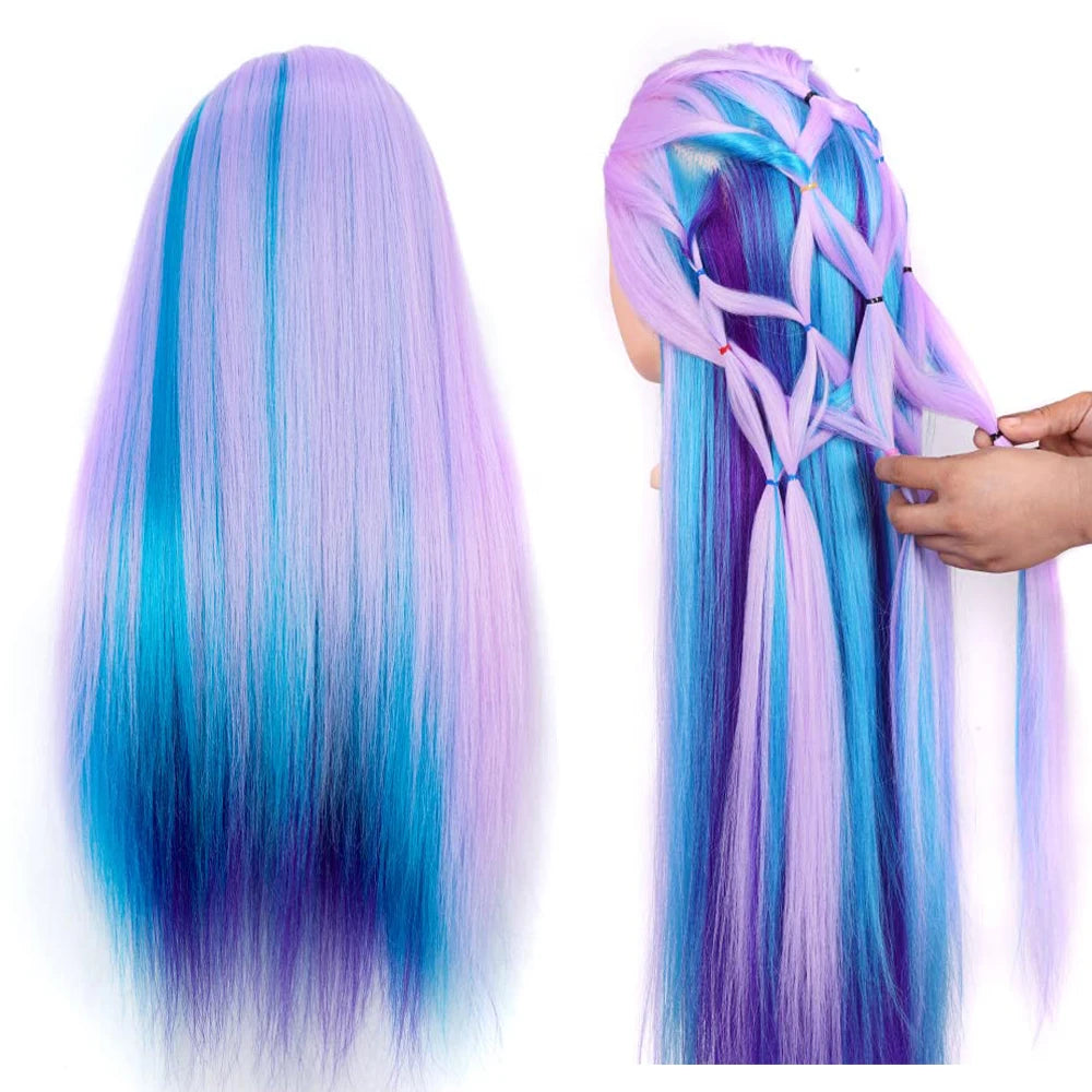 Long purple and blue hair extensions displayed on a mannequin head.