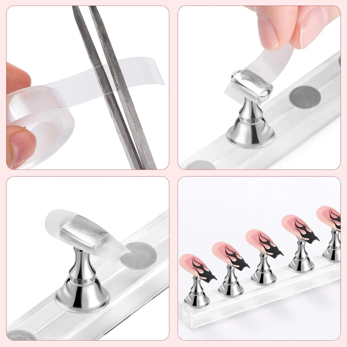 A set of magnetic nail art display stands showing various angles and components for mounting nails.