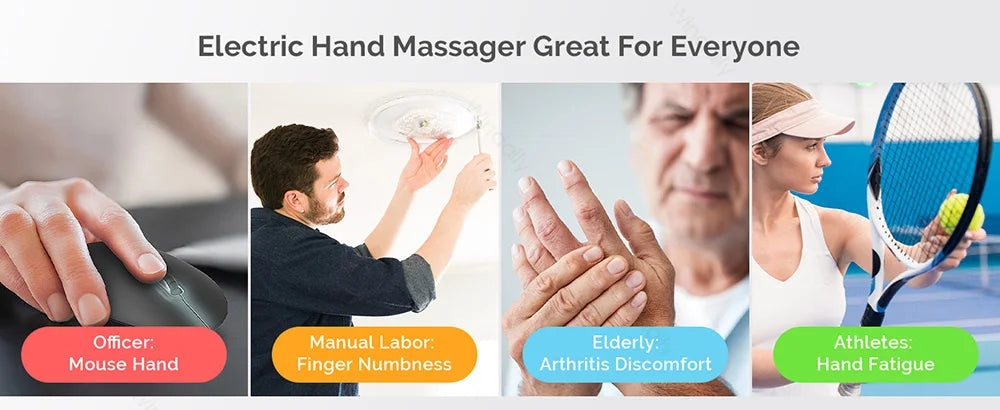 An electric hand massager is shown being used by an officer, illustrating its use for pain relief and relaxation.