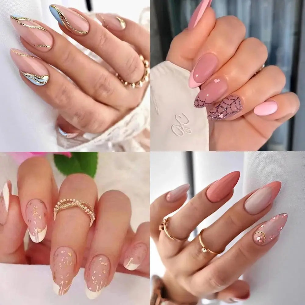 Close-up of various press-on false nails showcasing French wavy designs in pink, nude, and silver tones.