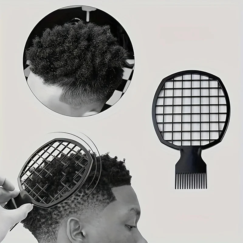 A black hair comb is shown in various views, including a close-up of the comb and a person's hair.
