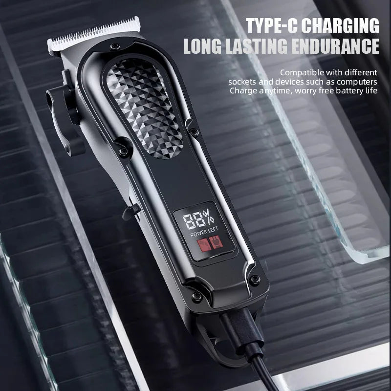 A black Type-C charging hair clipper is shown with a power indicator, resting on a glass surface.