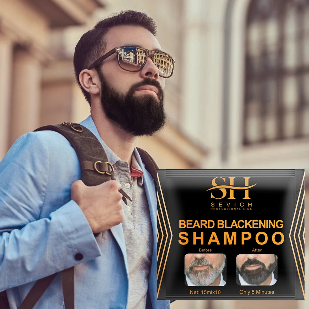 A man holds a box of Beard Blackening Shampoo showing before and after results for instant black beard hair dye.