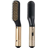 A black professional electric straightening comb with gold accents shown vertically.