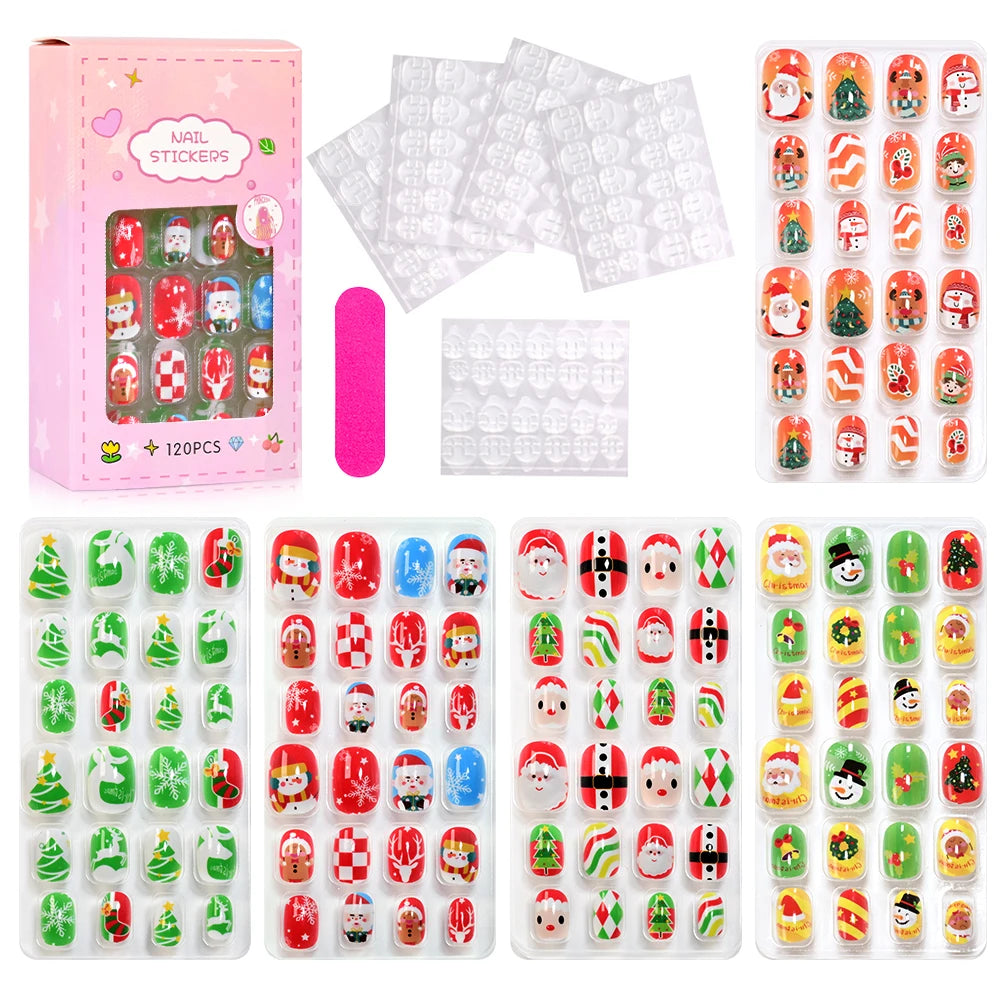 Colección de 120 uñas postizas prensables en varios diseños y colores, empaquetadas en una caja rosa.