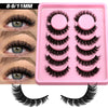 A pink tray of 8-9/11mm wispy cat eye false mink eyelashes with various lash styles shown on a model's eye.