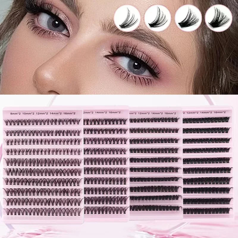 A display of C-Curl cluster eyelash extensions in various lengths and styles for a natural look.
