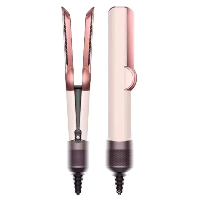 A pink 2-in-1 professional hair straightener and dryer with a metallic finish.