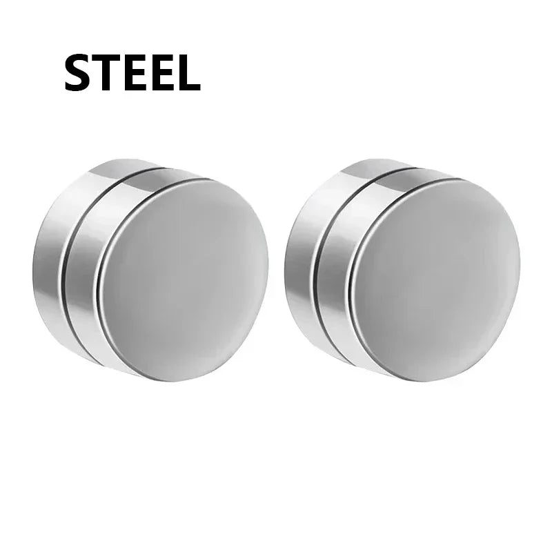 A pair of silver crystal magnetic stud earrings for men.