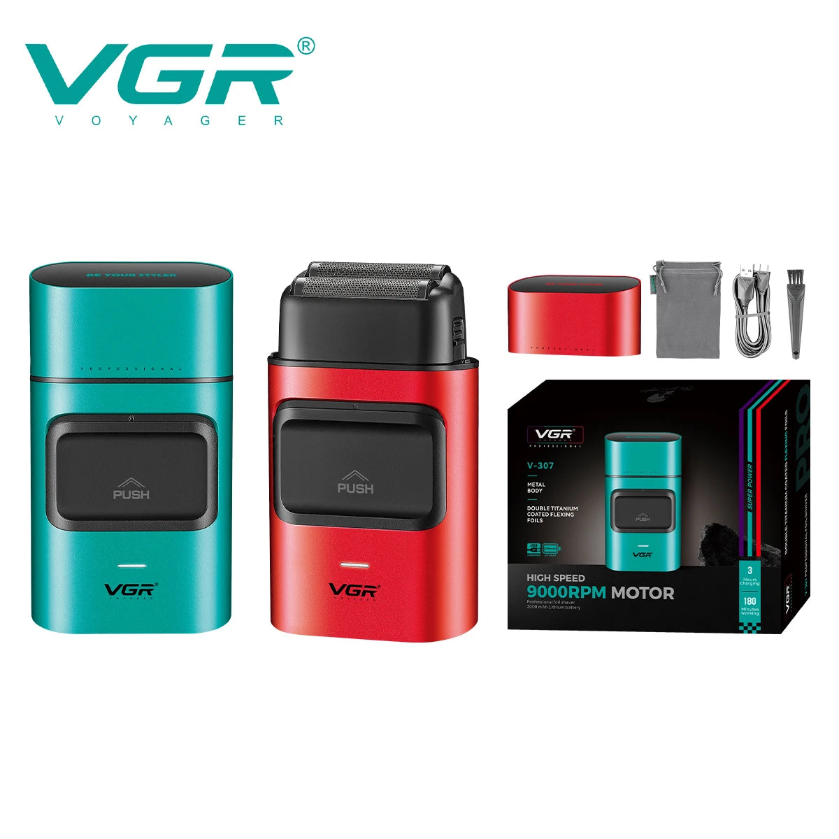 A set of VGR electric hair trimmers in teal and red packaging with accessories.