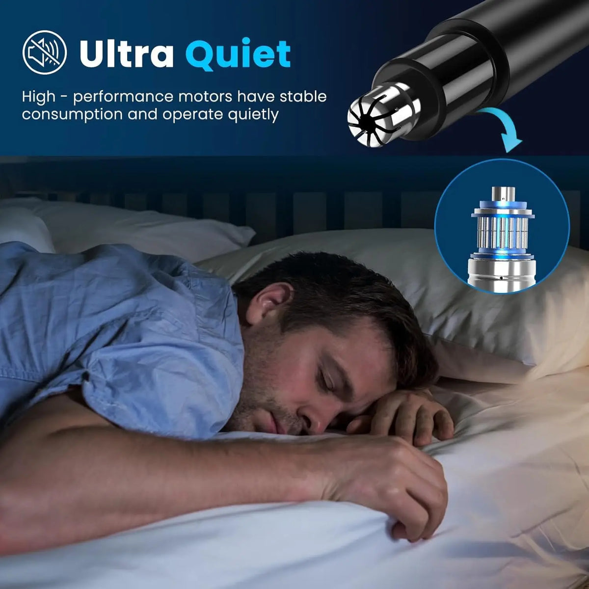 A man is using a professional rechargeable facial hair trimmer on his face while lying in bed.