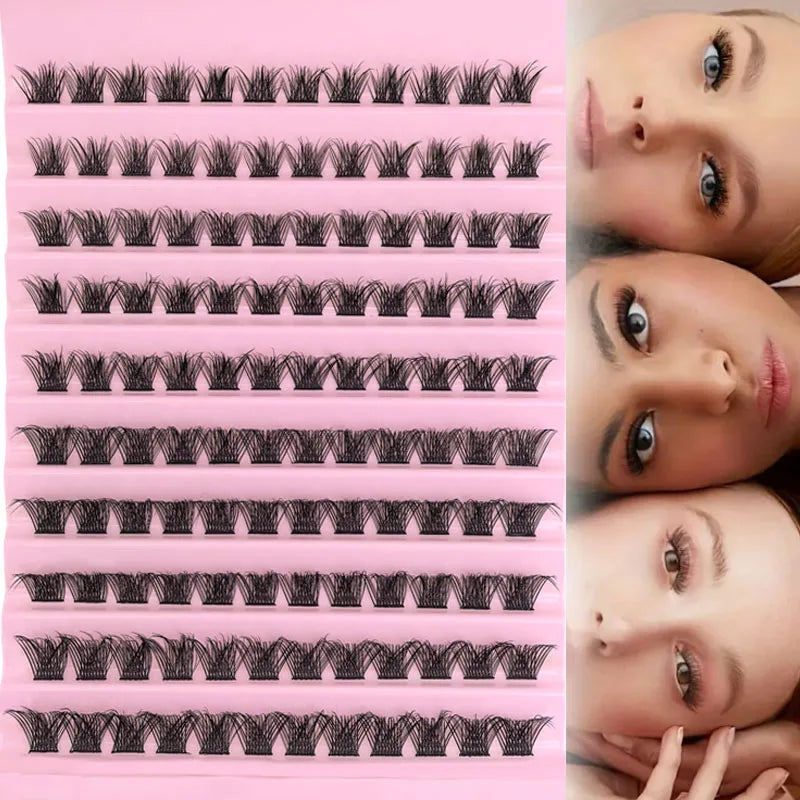 Collection d'extensions de cils DIY de différentes longueurs et styles, présentées sur fond rose.