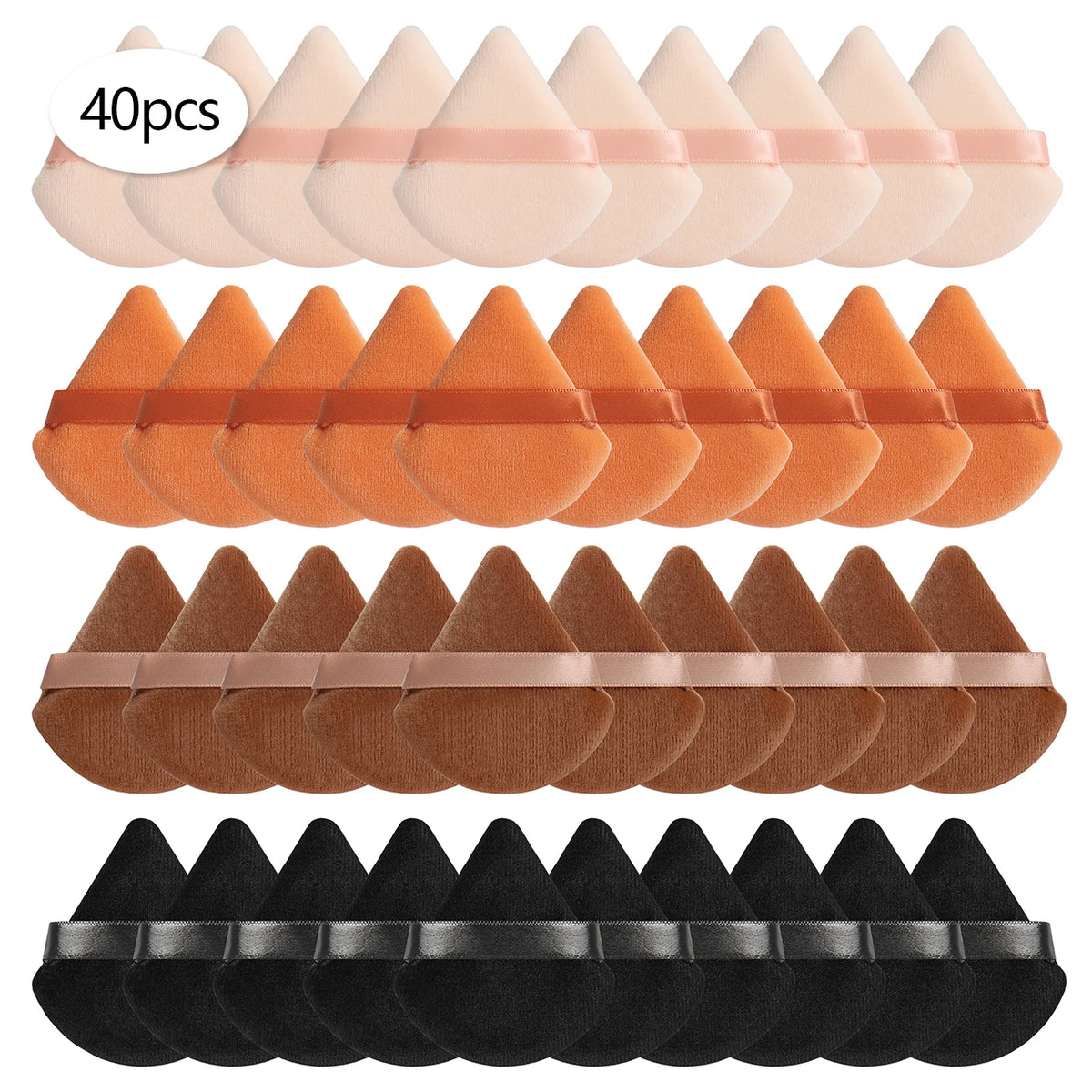 A set of cosmetic powder puffs in various colors including pink, orange, brown, and black.