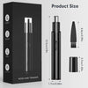 A black professional rechargeable nose hair trimmer shown with various size dimensions.