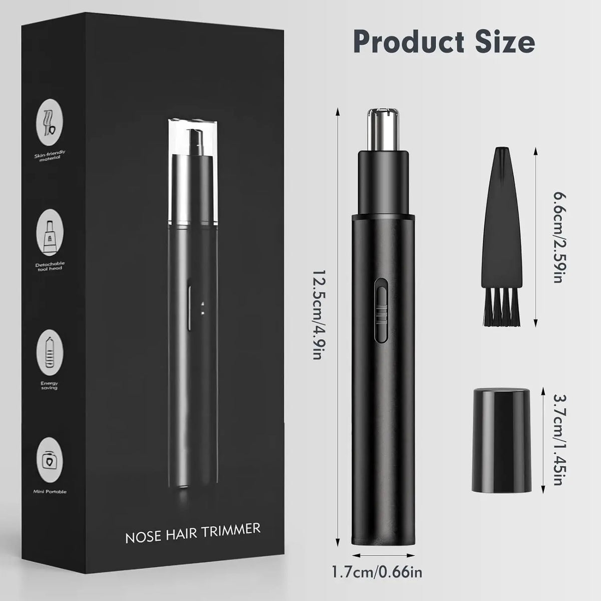 A black professional rechargeable nose hair trimmer shown with various size dimensions.