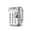A silver portable electric shaver for men with a textured body and a power switch.